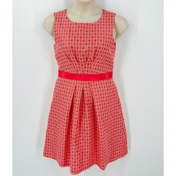 Tahari Arthur Levine Geometric Print Dress Size 8 Coral White Zip Close Ribbon - Picture 1 of 11